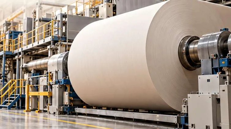 A jumbo reel of finished paper at the dry end of a paper machine