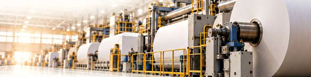 A row of paper machines with finished jumbo reels along a bright mill hall