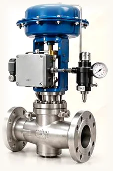 Steam control valve with actuator, positioner and pressure gauge