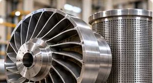 Stainless steel screen rotor beside a perforated pressure screen basket